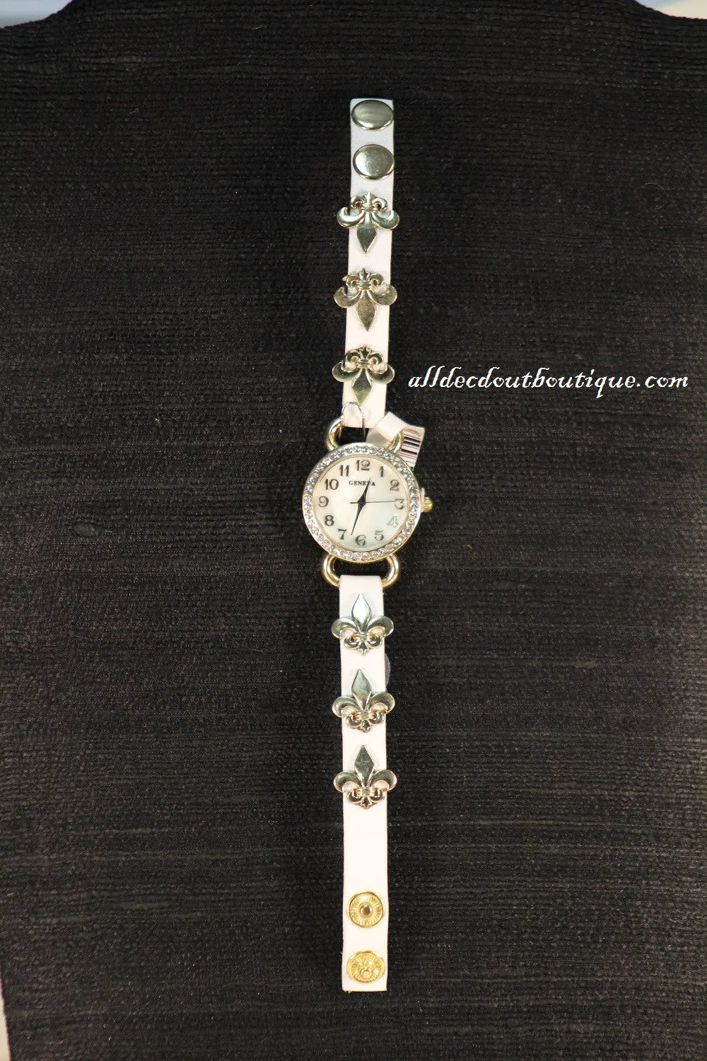 White/White Clear Rhinestones Fleur de Lis | Leather Band w/ Button Clasp