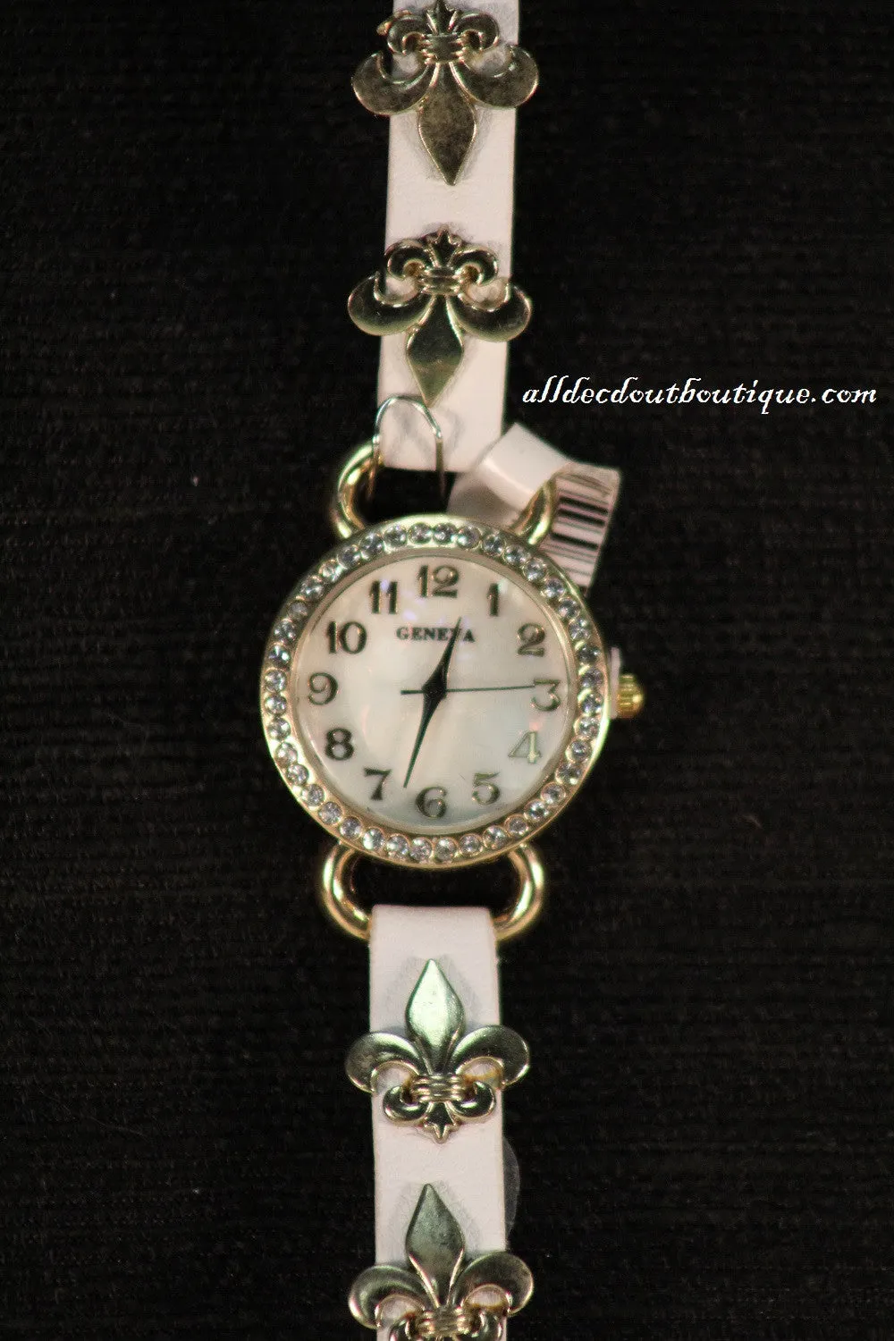 White/White Clear Rhinestones Fleur de Lis | Leather Band w/ Button Clasp