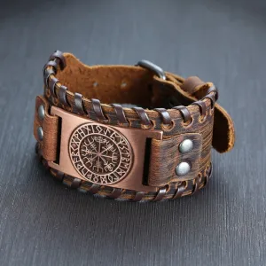 Wide Metal Talisman Style Leather Bracelet