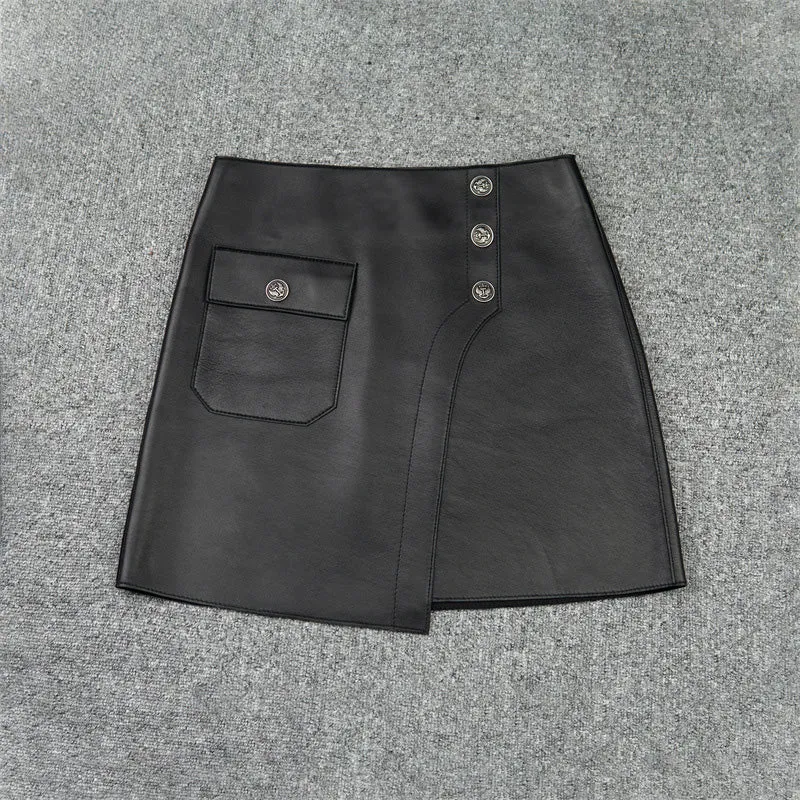 Women Leather Skirts Wrap Hip Patchwork Pocket Button Asymmetric Genuine Sheepskin Short Dress 2022 Autumn Winter New TF4786