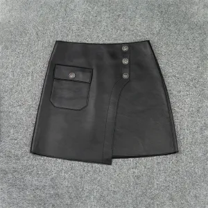 Women Leather Skirts Wrap Hip Patchwork Pocket Button Asymmetric Genuine Sheepskin Short Dress 2022 Autumn Winter New TF4786