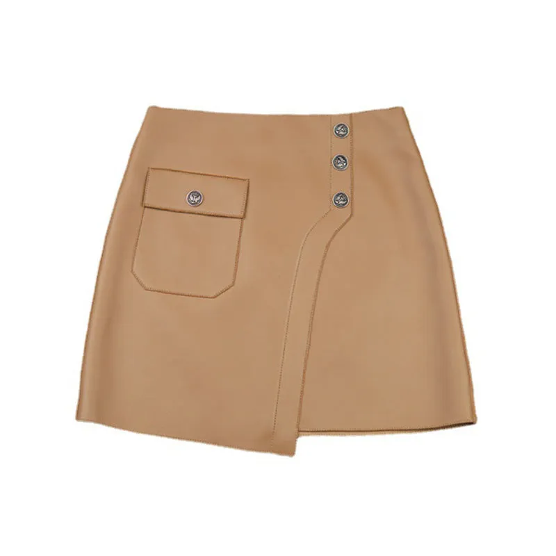 Women Leather Skirts Wrap Hip Patchwork Pocket Button Asymmetric Genuine Sheepskin Short Dress 2022 Autumn Winter New TF4786