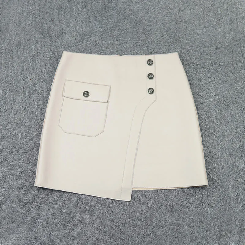 Women Leather Skirts Wrap Hip Patchwork Pocket Button Asymmetric Genuine Sheepskin Short Dress 2022 Autumn Winter New TF4786