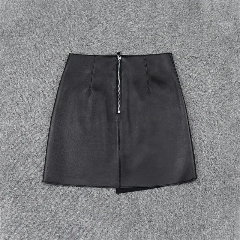 Women Leather Skirts Wrap Hip Patchwork Pocket Button Asymmetric Genuine Sheepskin Short Dress 2022 Autumn Winter New TF4786