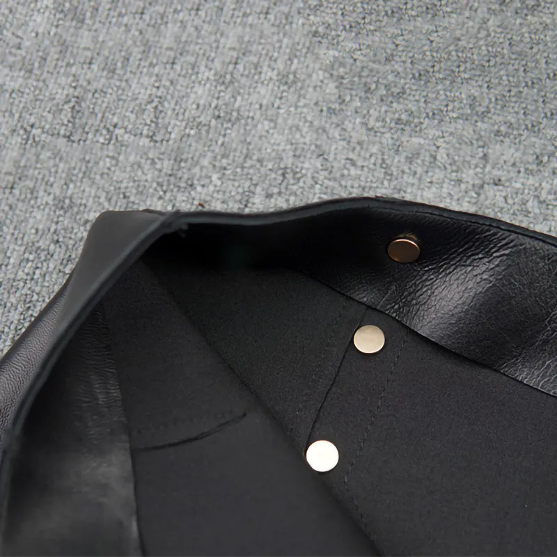 Women Leather Skirts Wrap Hip Patchwork Pocket Button Asymmetric Genuine Sheepskin Short Dress 2022 Autumn Winter New TF4786