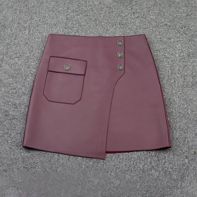 Women Leather Skirts Wrap Hip Patchwork Pocket Button Asymmetric Genuine Sheepskin Short Dress 2022 Autumn Winter New TF4786