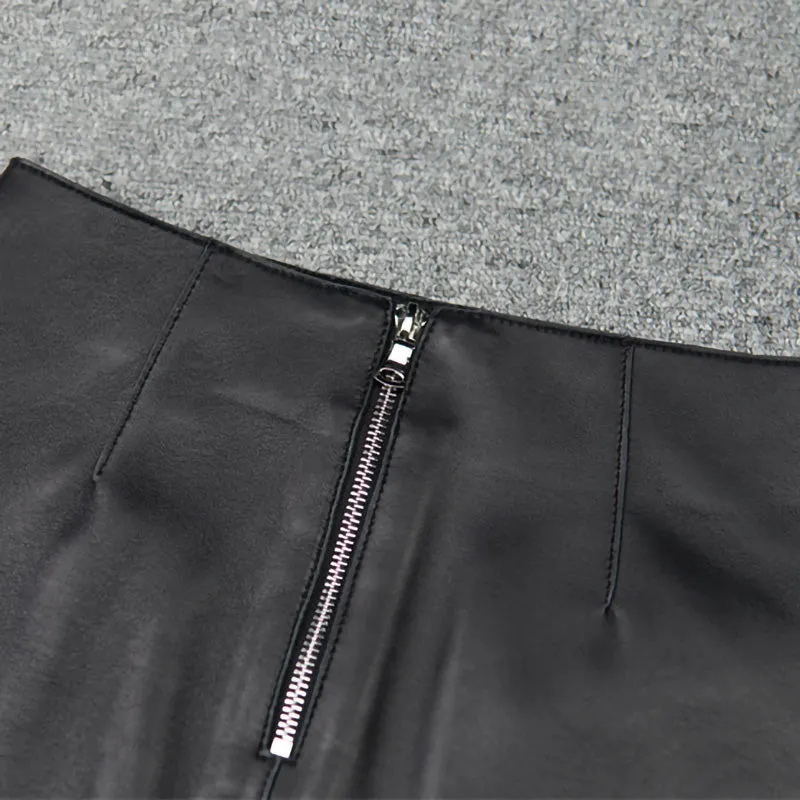 Women Leather Skirts Wrap Hip Patchwork Pocket Button Asymmetric Genuine Sheepskin Short Dress 2022 Autumn Winter New TF4786