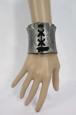 Women Silver Flowers Stamp Metal Corset Bracelet Black Tie