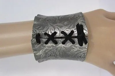 Women Silver Flowers Stamp Metal Corset Bracelet Black Tie