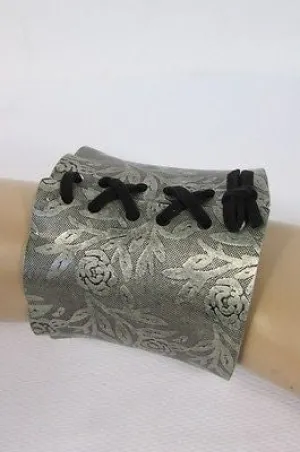 Women Silver Flowers Stamp Metal Corset Bracelet Black Tie