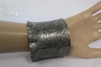 Women Silver Flowers Stamp Metal Corset Bracelet Black Tie