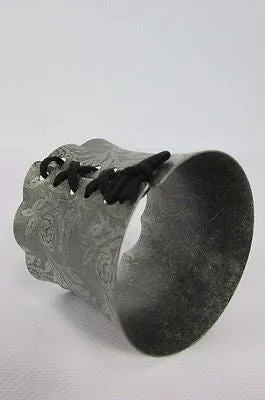 Women Silver Flowers Stamp Metal Corset Bracelet Black Tie