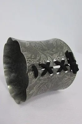 Women Silver Flowers Stamp Metal Corset Bracelet Black Tie
