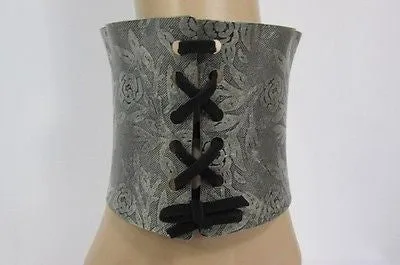 Women Silver Flowers Stamp Metal Corset Bracelet Black Tie