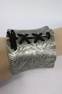 Women Silver Flowers Stamp Metal Corset Bracelet Black Tie