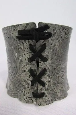 Women Silver Flowers Stamp Metal Corset Bracelet Black Tie