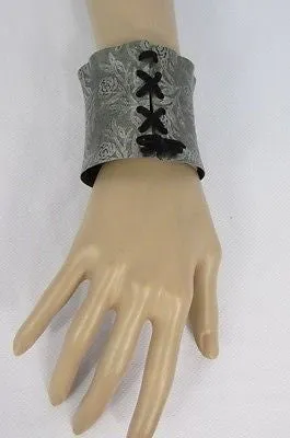 Women Silver Flowers Stamp Metal Corset Bracelet Black Tie