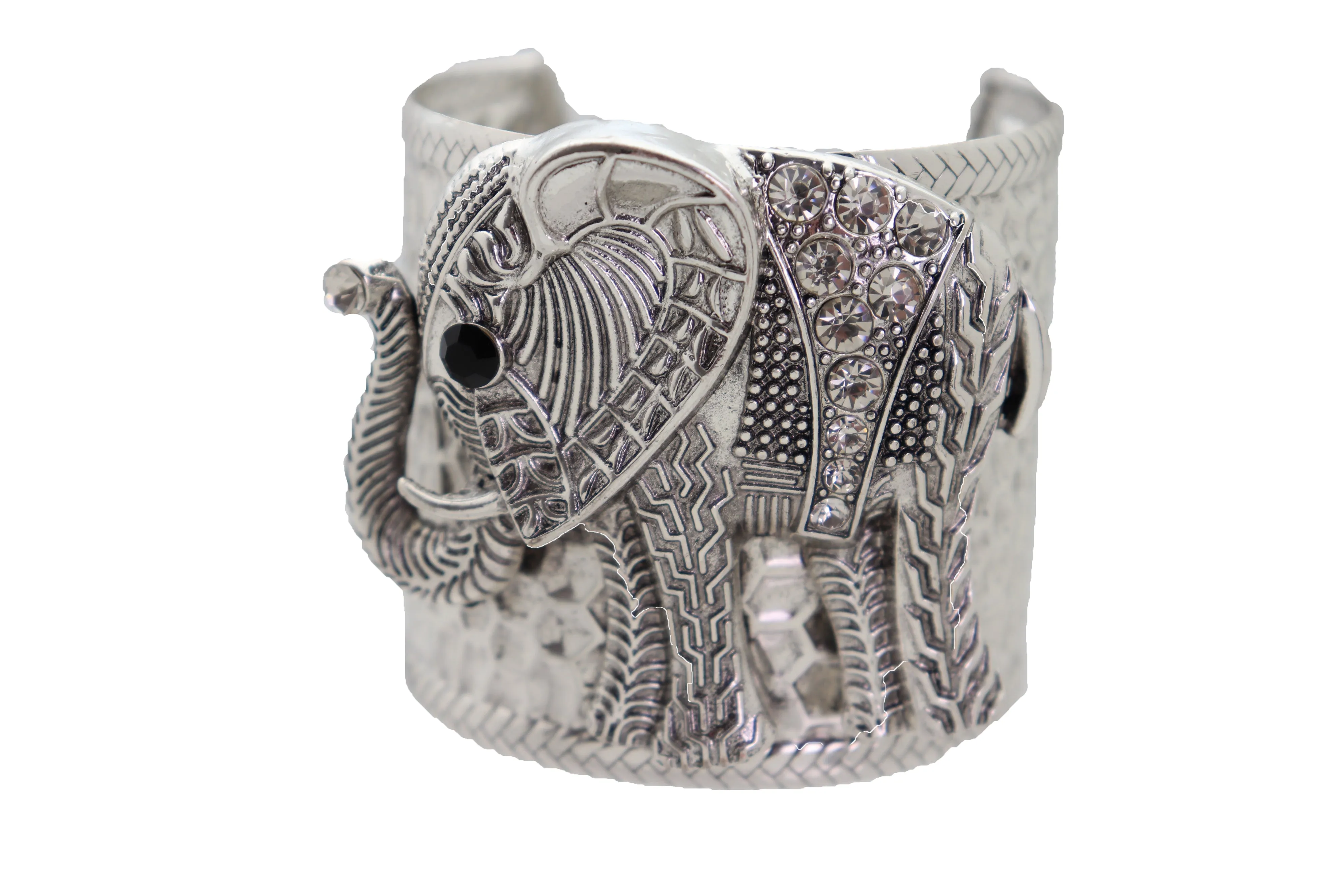 Women Silver Metal Bangle Cuff Wrist Bracelet Safari Elephant One Size Adjustable