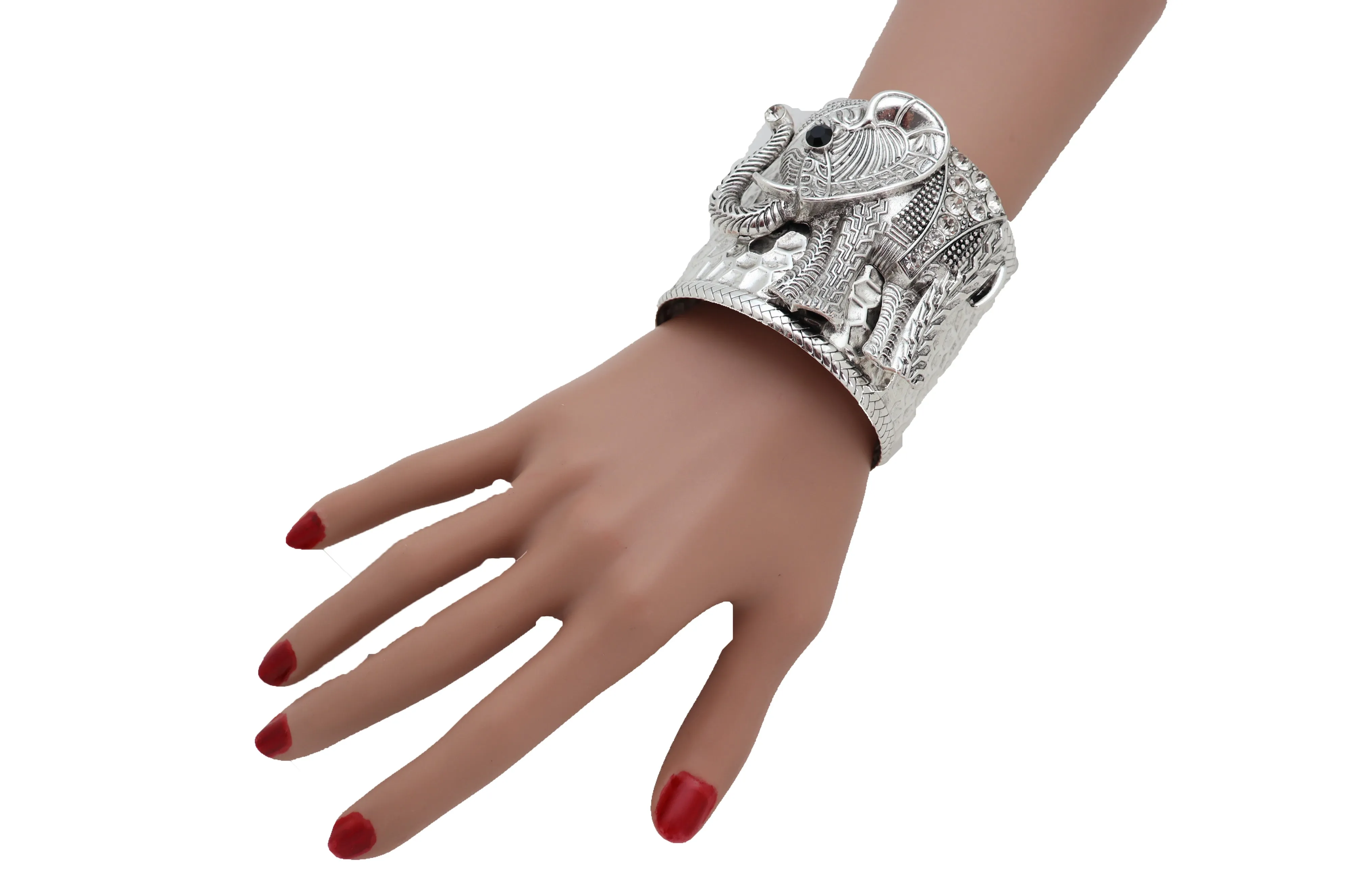 Women Silver Metal Bangle Cuff Wrist Bracelet Safari Elephant One Size Adjustable