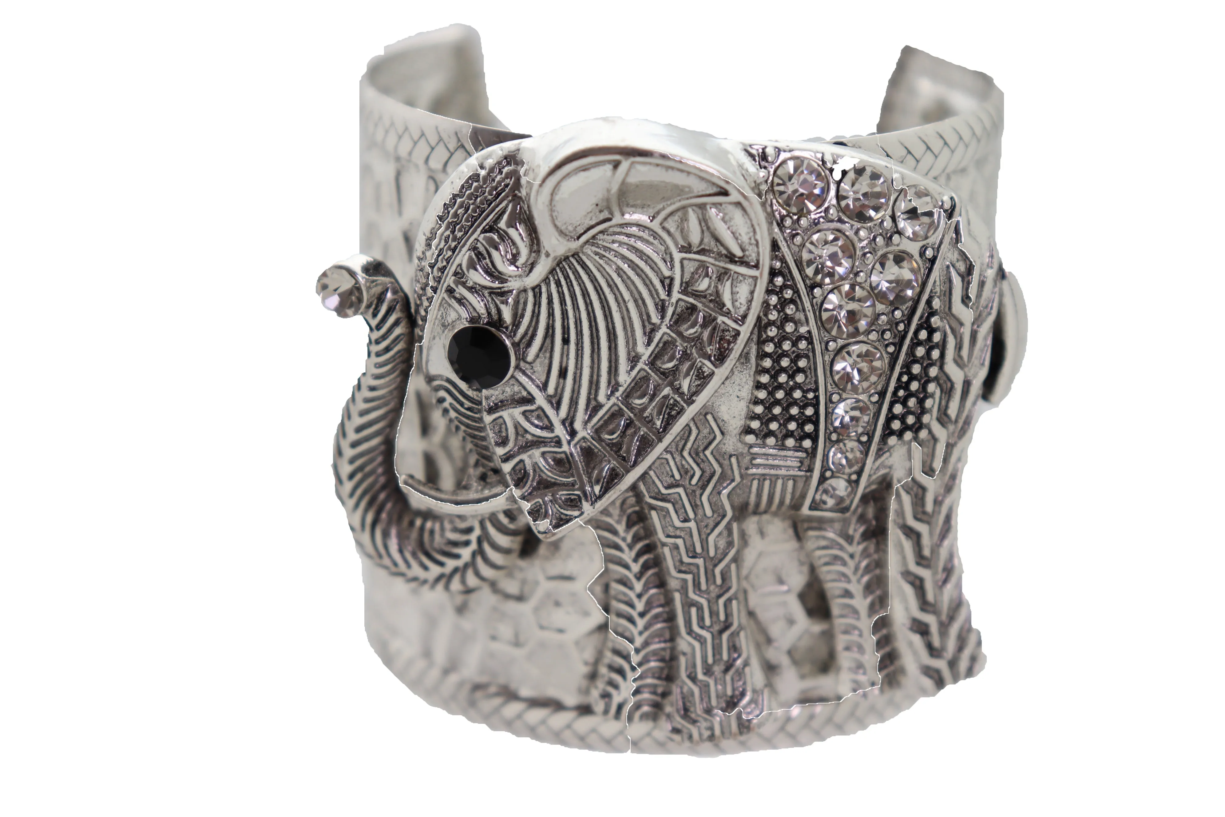 Women Silver Metal Bangle Cuff Wrist Bracelet Safari Elephant One Size Adjustable