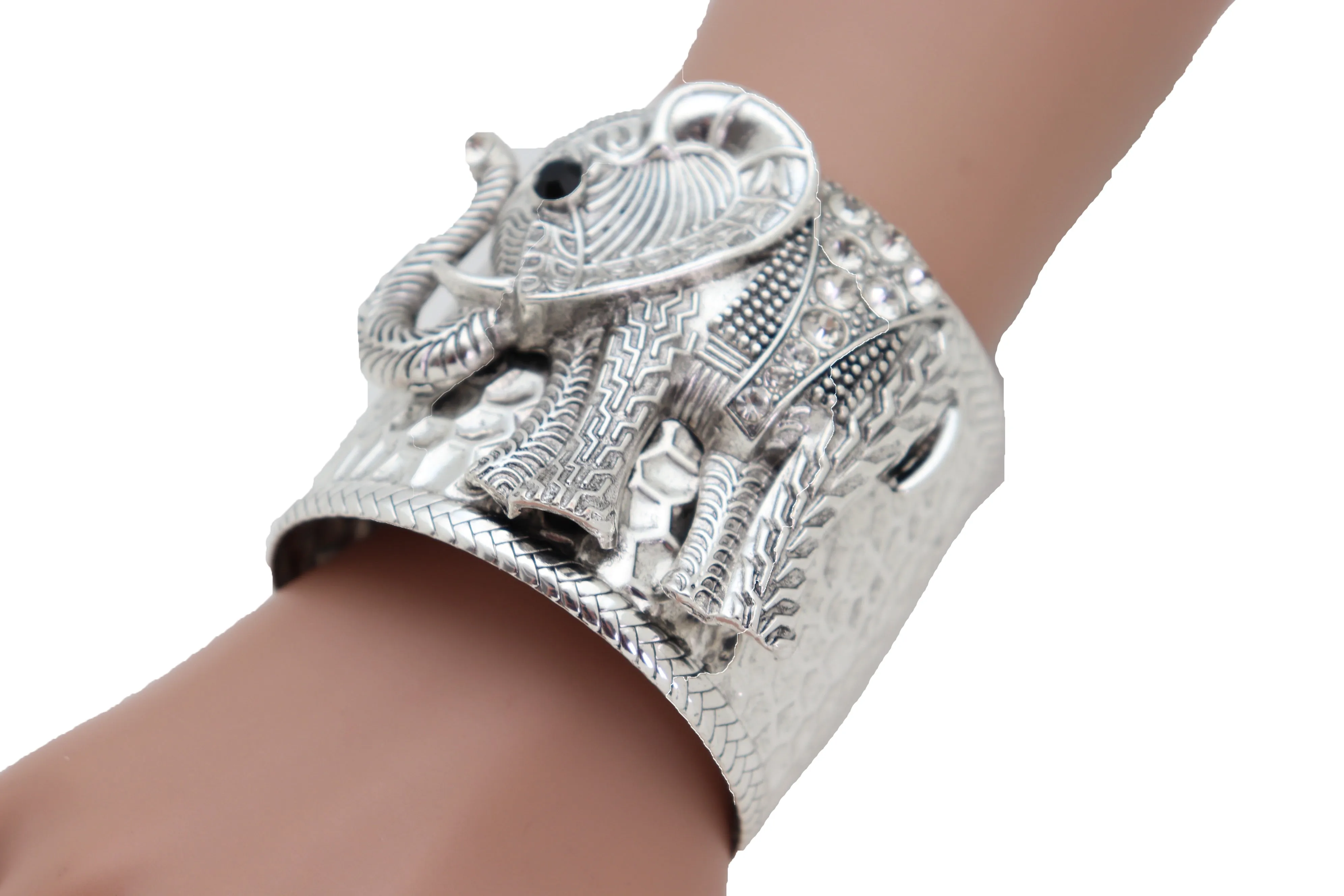 Women Silver Metal Bangle Cuff Wrist Bracelet Safari Elephant One Size Adjustable