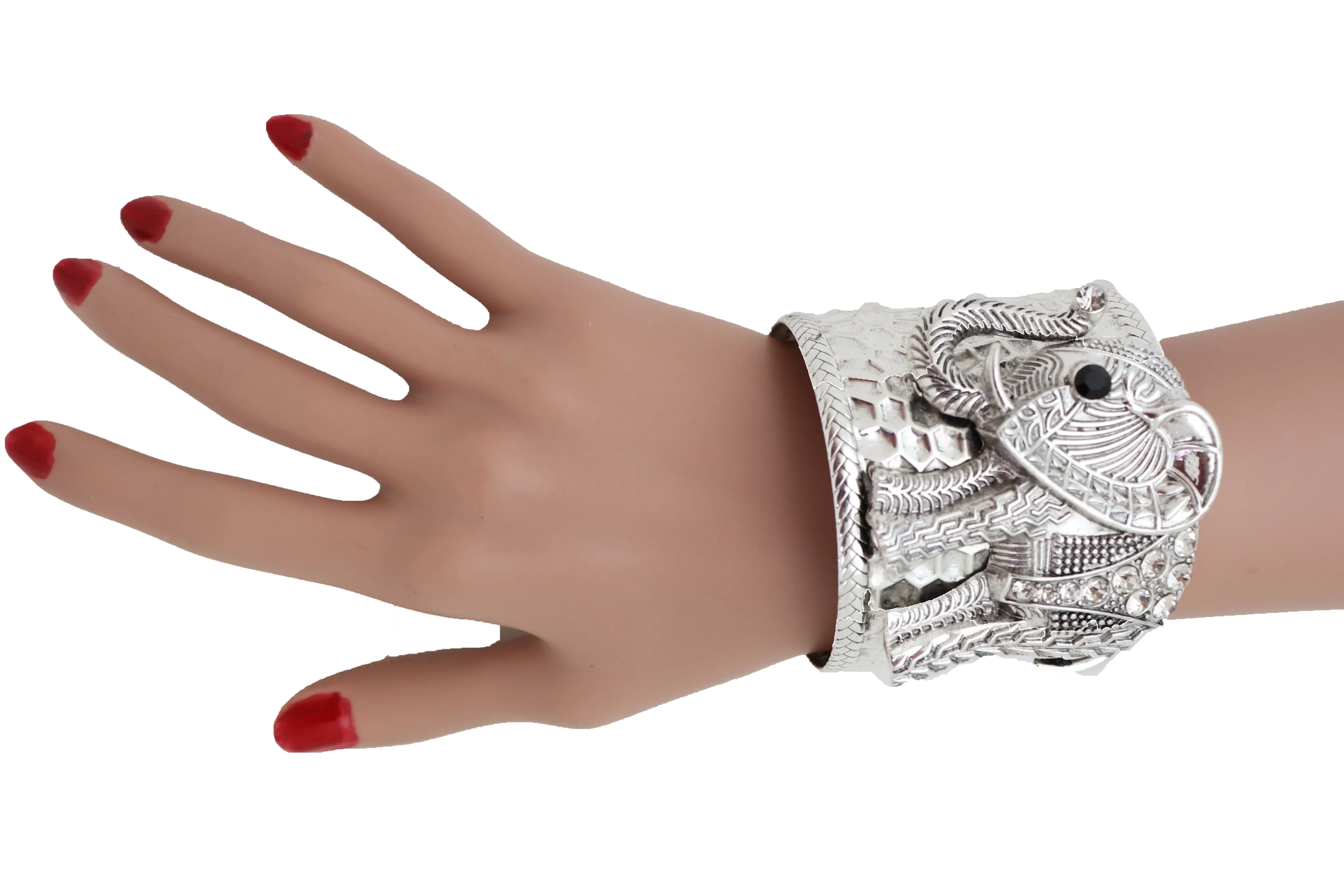 Women Silver Metal Bangle Cuff Wrist Bracelet Safari Elephant One Size Adjustable