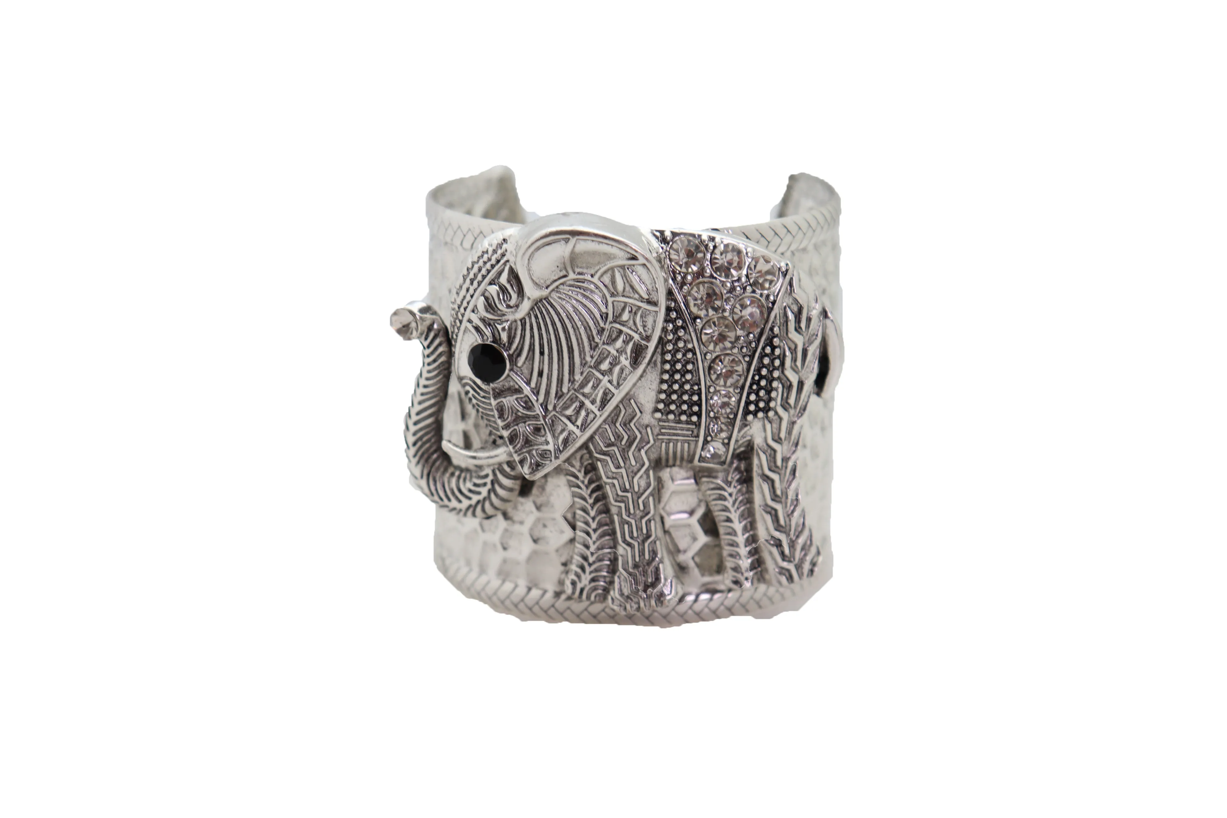 Women Silver Metal Bangle Cuff Wrist Bracelet Safari Elephant One Size Adjustable