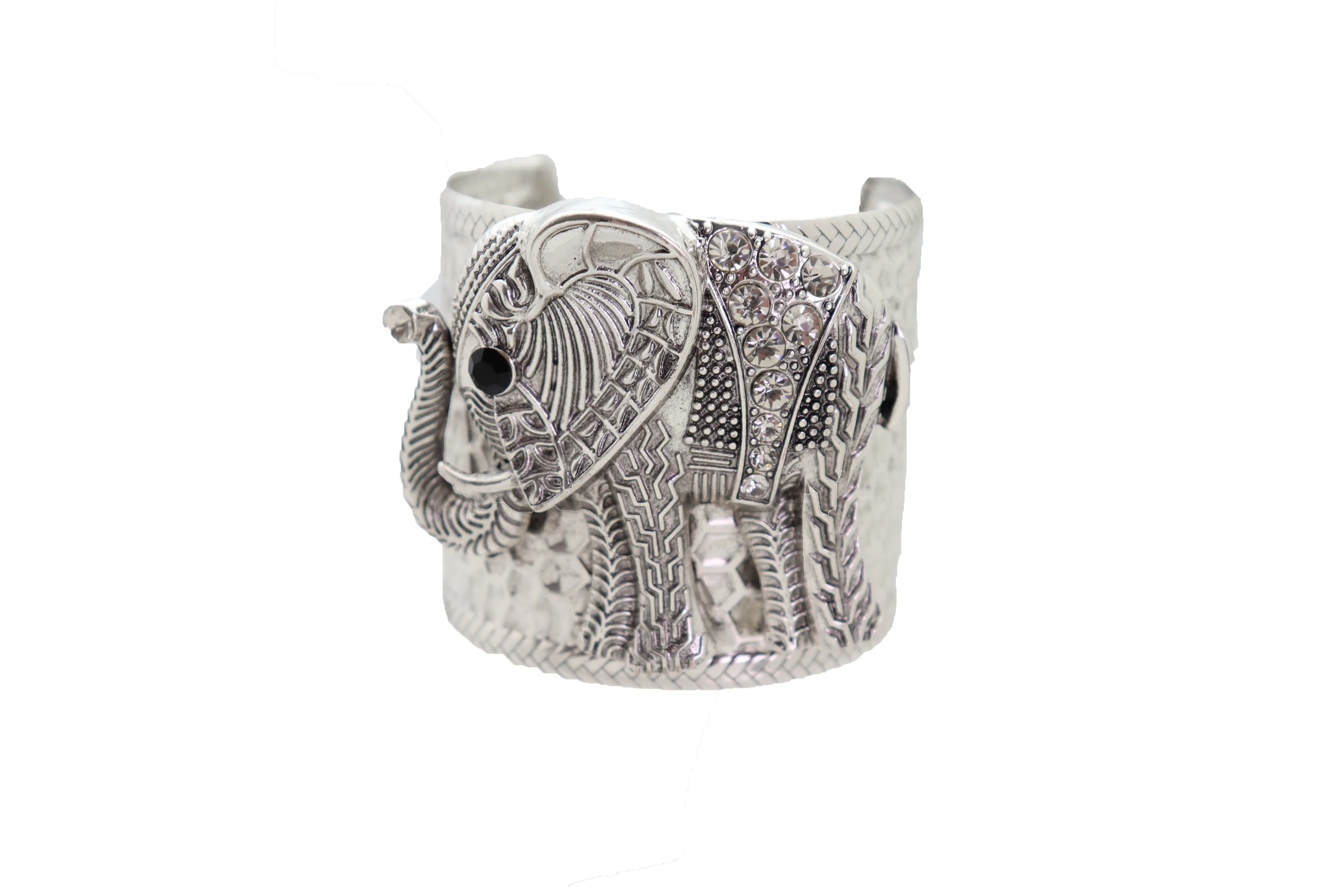 Women Silver Metal Bangle Cuff Wrist Bracelet Safari Elephant One Size Adjustable