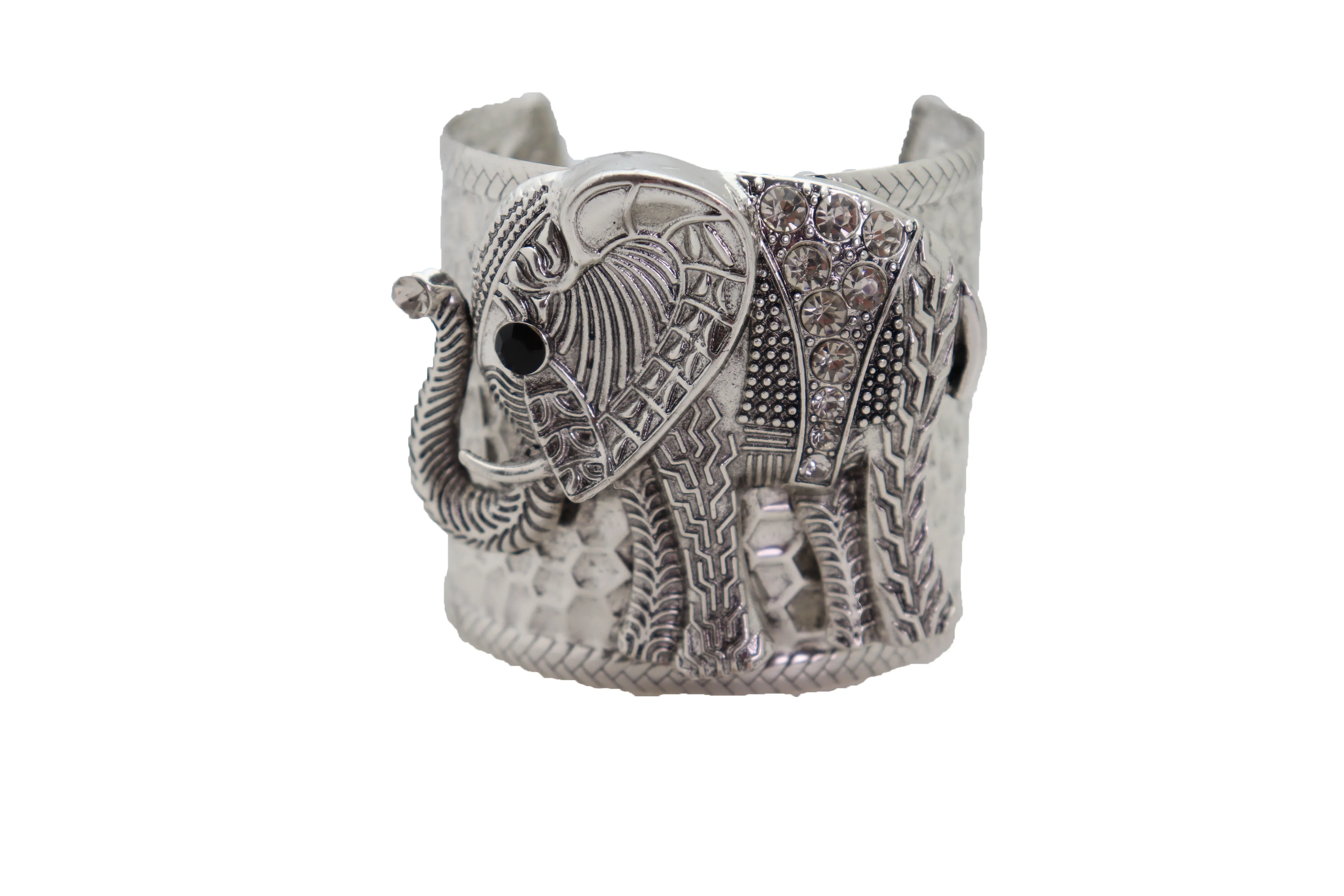 Women Silver Metal Bangle Cuff Wrist Bracelet Safari Elephant One Size Adjustable