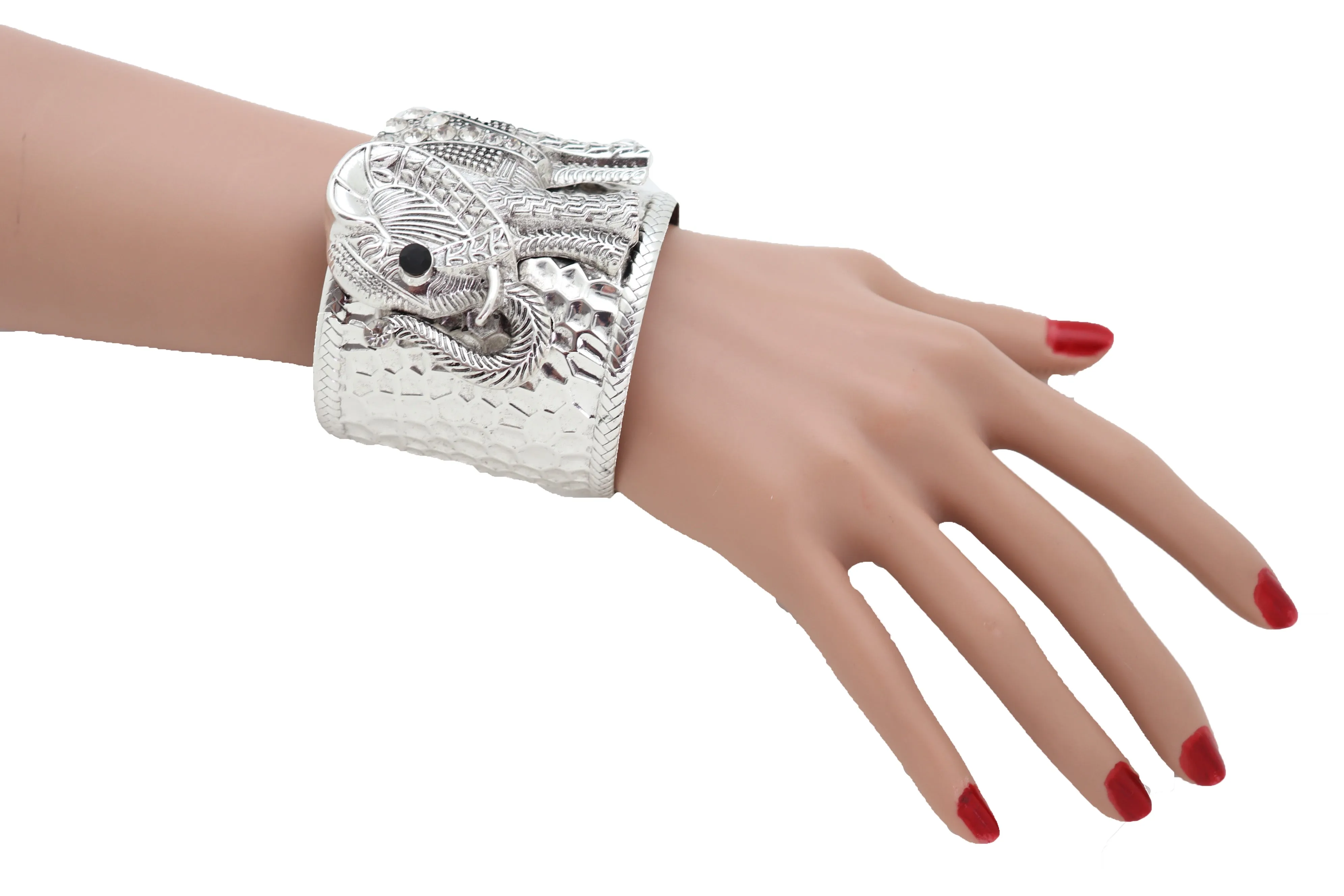 Women Silver Metal Bangle Cuff Wrist Bracelet Safari Elephant One Size Adjustable