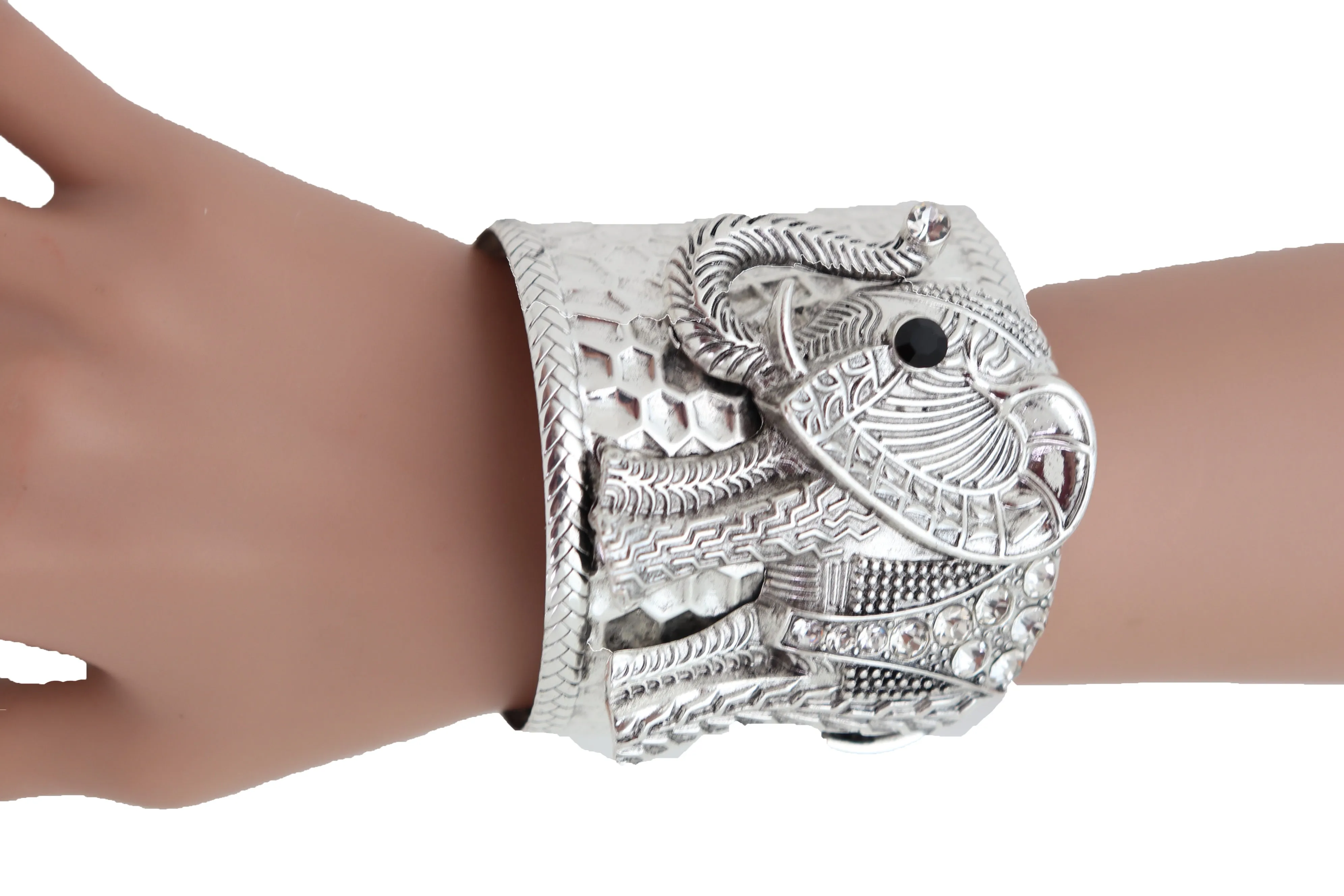 Women Silver Metal Bangle Cuff Wrist Bracelet Safari Elephant One Size Adjustable