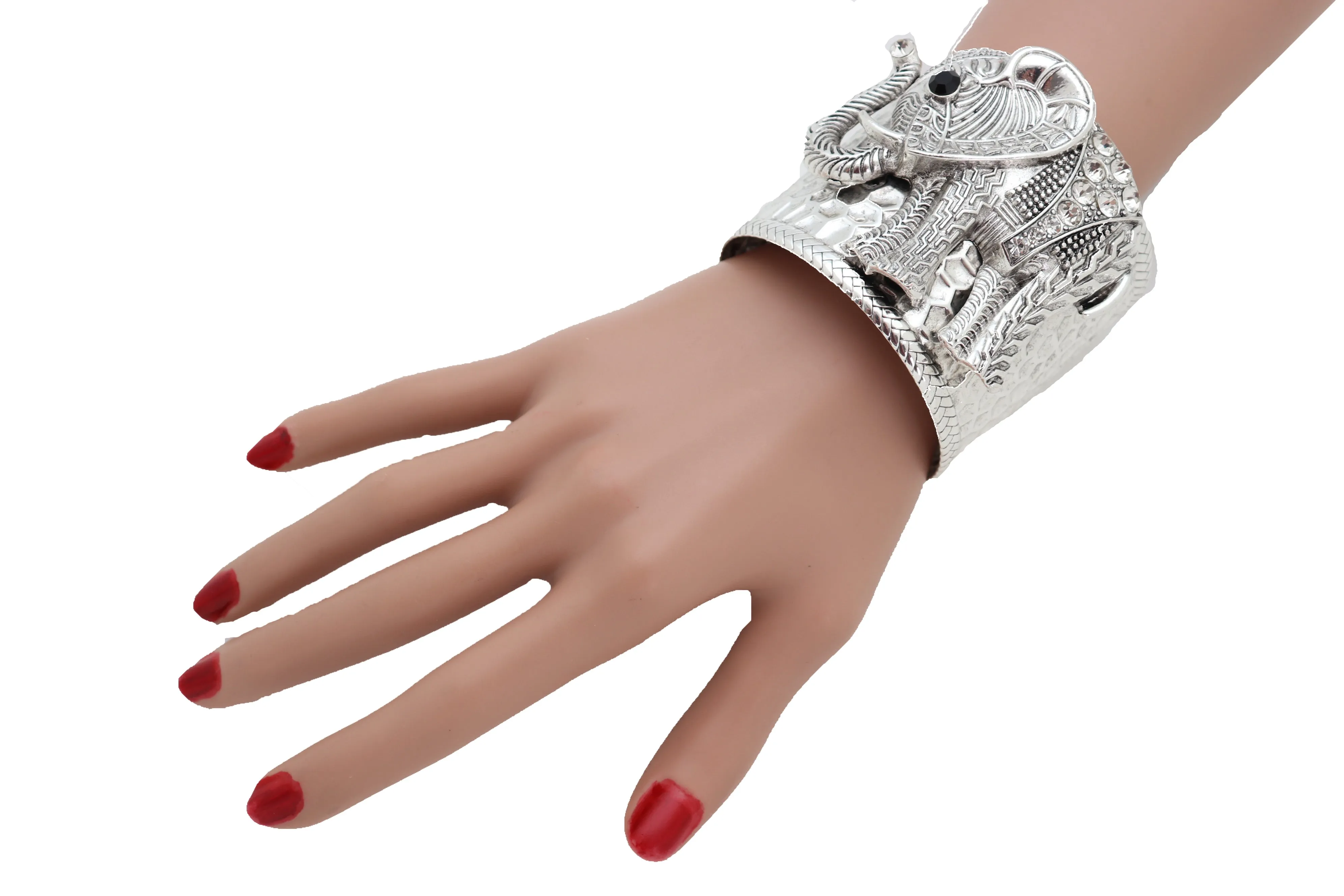 Women Silver Metal Bangle Cuff Wrist Bracelet Safari Elephant One Size Adjustable