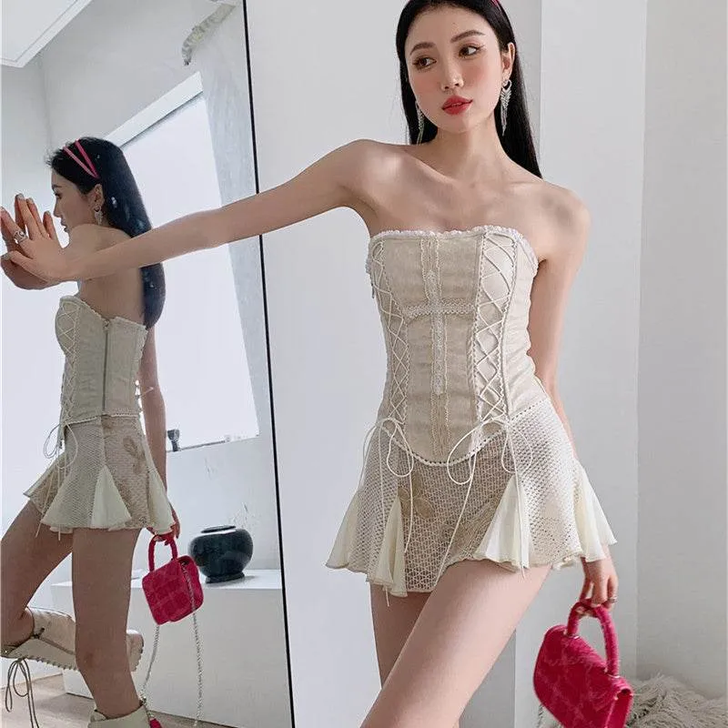 Women's Cross Lace Leather Tube Top Corset