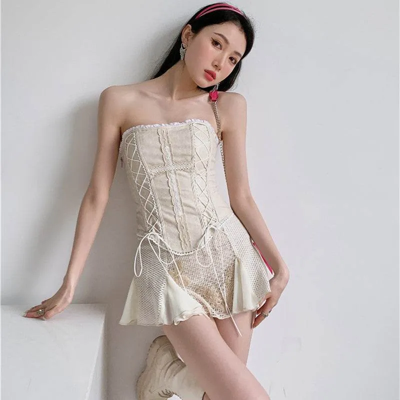 Women's Cross Lace Leather Tube Top Corset