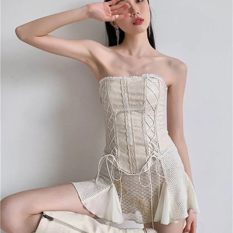 Women's Cross Lace Leather Tube Top Corset