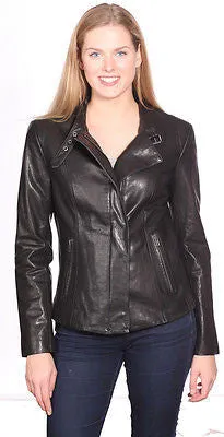 WOMEN'S FRONT ZIPPER SHORT BIKER MOTO JACKET REAL LEATHER VERY SOFT