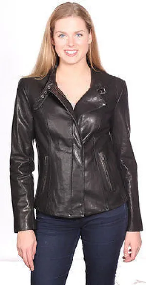 WOMEN'S FRONT ZIPPER SHORT BIKER MOTO JACKET REAL LEATHER VERY SOFT