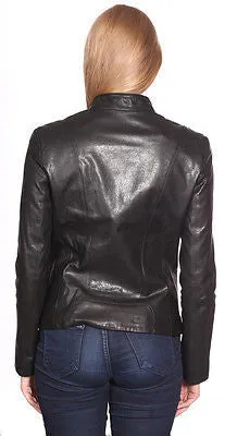 WOMEN'S FRONT ZIPPER SHORT BIKER MOTO JACKET REAL LEATHER VERY SOFT