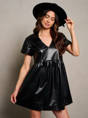 WOMEN'S SHORT SLEEVE V-NECK PU PLEATHER MINI DRESS