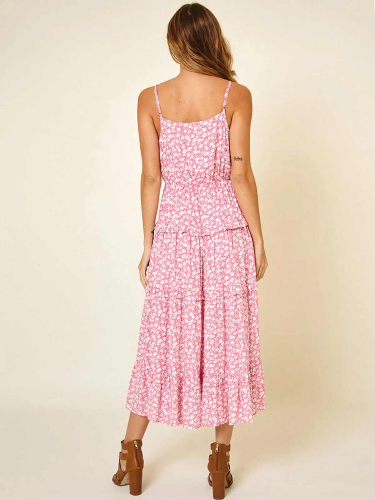 WOMEN'S SLEEVELESS RUFFLE TIERED FLORAL MAXI DRESS