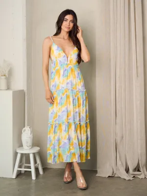 WOMEN'S SLEEVELESS TIERED V-NECK TIE DYE MAXI DRESS