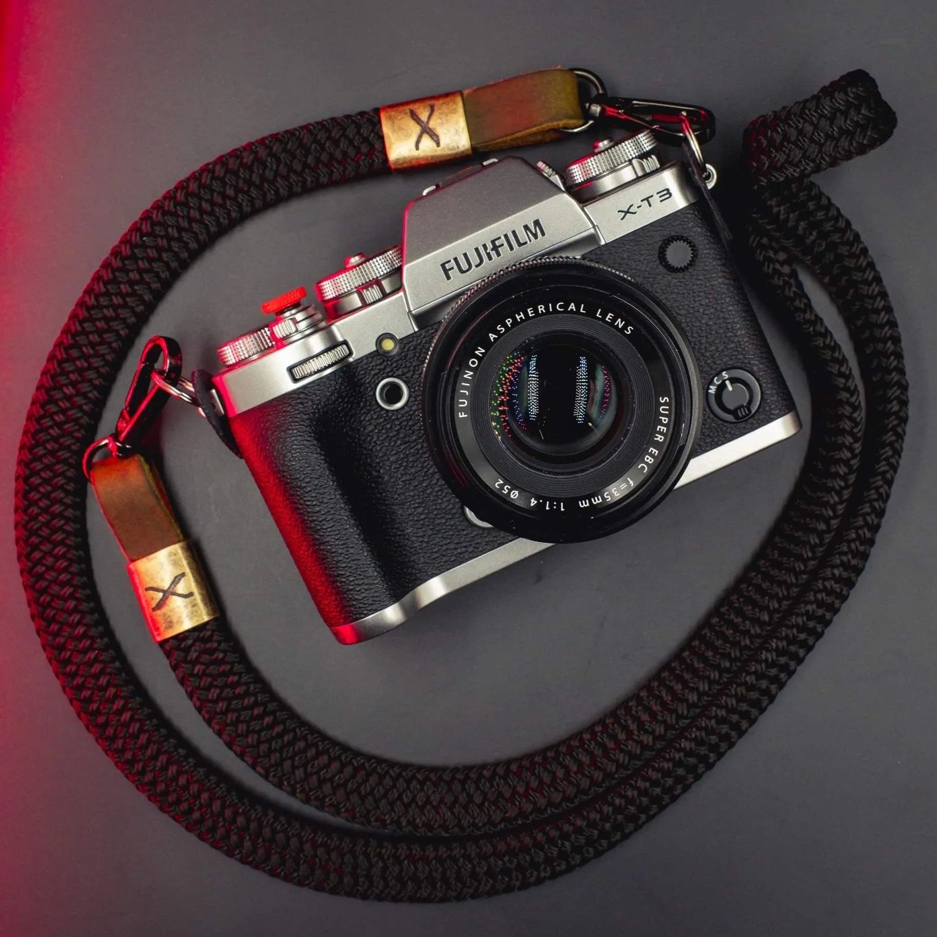 X  Black Flat Rope -Brown Leather Camera Strap
