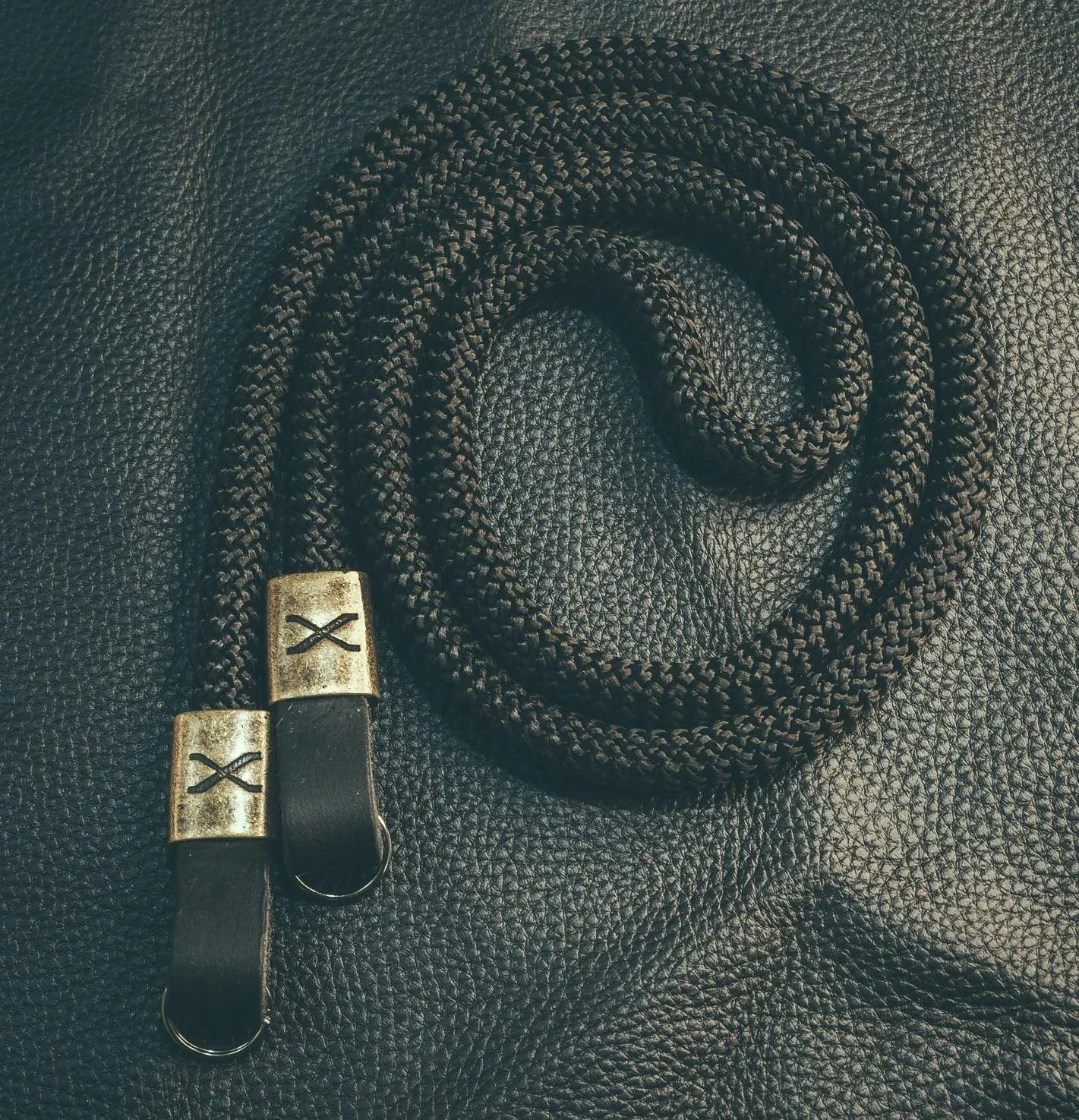 X Bronze - Black Rope -Black Leather Camera Strap