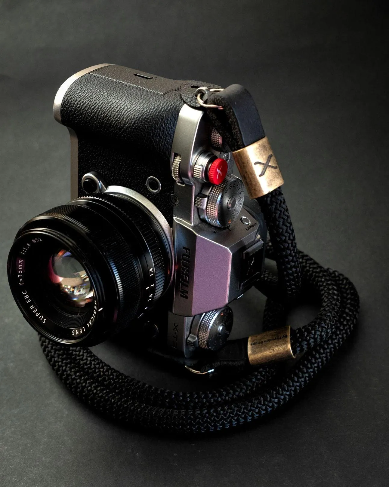 X Bronze - Black Rope -Black Leather Camera Strap