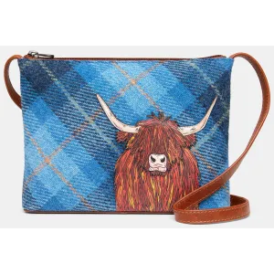 Yoshi Highland Cow Blue Harris Tweed Leather Cross Body Bag